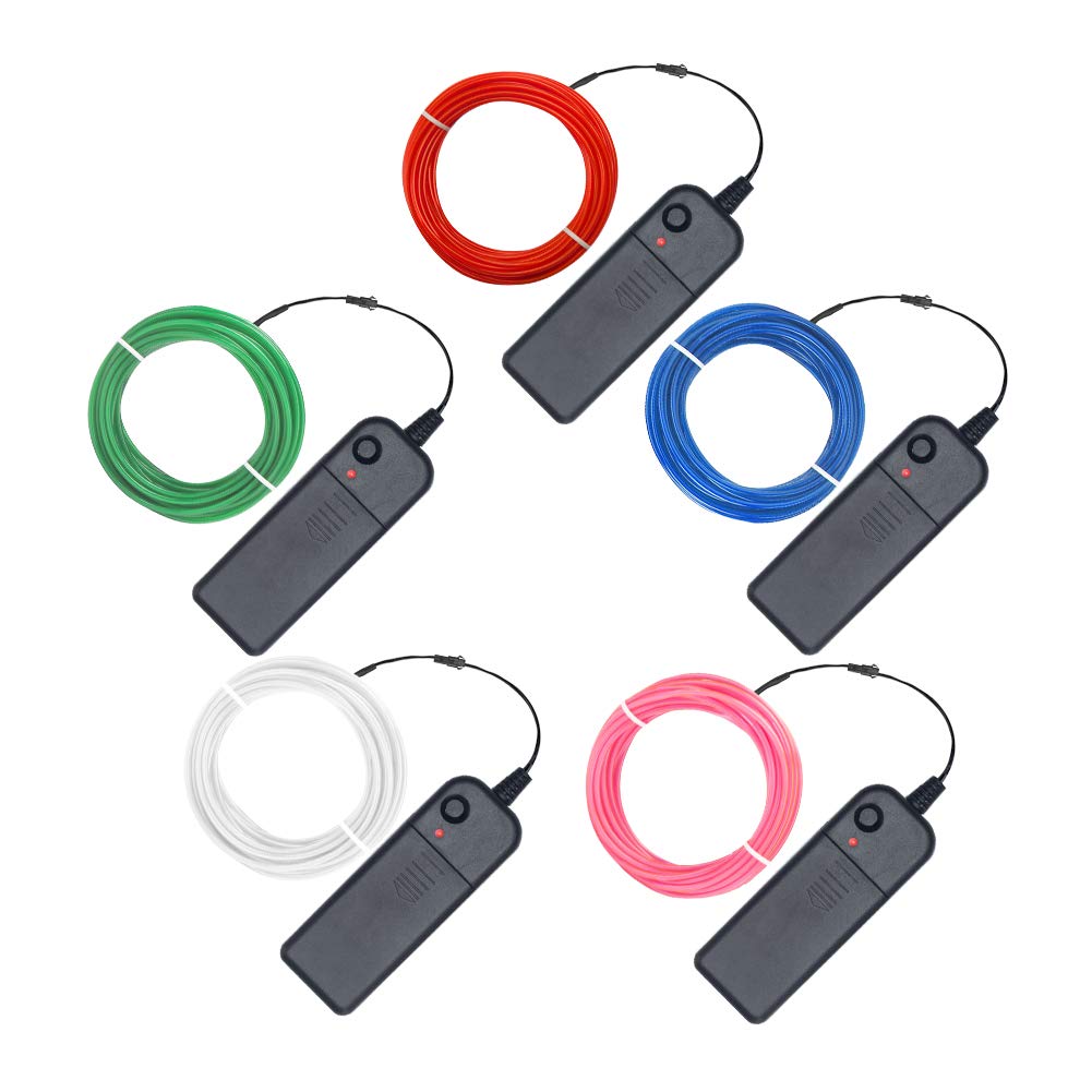 EL wire Neon El wire kit 15ft Electroluminescent wire 5 Pack with Red Green Blue White Pink,portable el wire inverter for DIY Dress Costumes