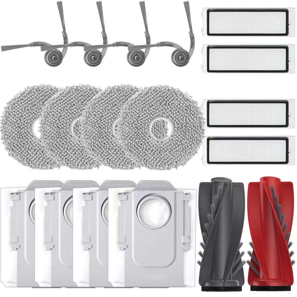 Geoviizon Zubehör für Roborock Qrevo S5V,Qrevo Curv,Qrevo Curv S5X,Qrevo Edge,Qrevo Edge S5A Ersatzteilset,1 Hauptbürsten, 4 HEPA-Filter, 4 Wischtücher, 4 Staubbeutel, 4 Seitenbürsten