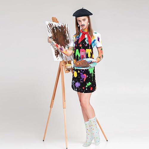 Miniatura 6 de Kyson Disfraz de artista para adultos, 8 piezas, pintor, Halloween, vestido con boina, delantal, paleta, pinceles, aretes, bandana y barba