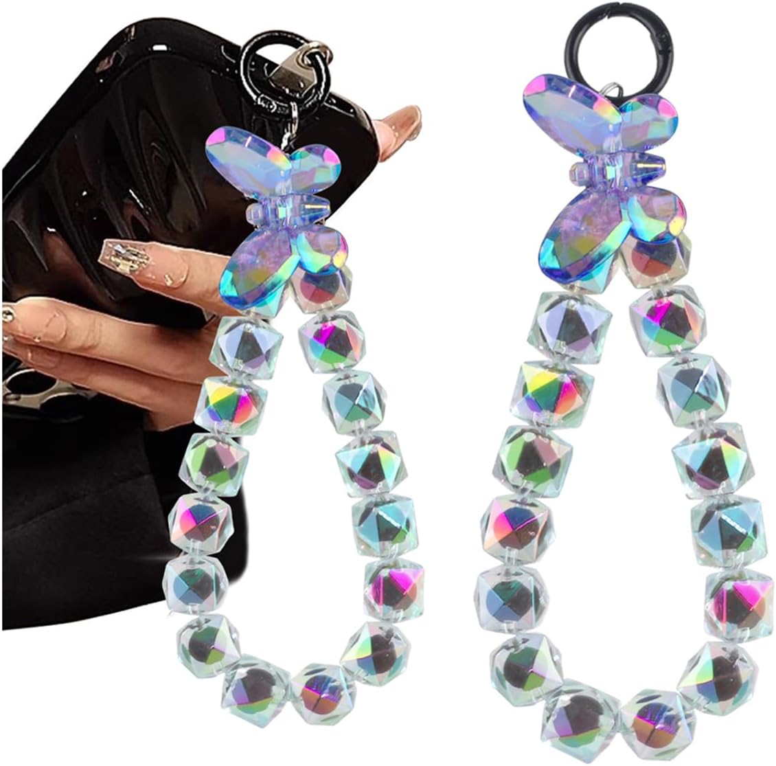 Laser Black Beaded Phone Charm Wrist Strap Acrylic Butterfly Phone Chain Wristlet Cellphone Lanyard Rhombic Lattice Beads Camera Strap Wrist Lanyard Bag Charms for Handbags Cute Keychain Accessories