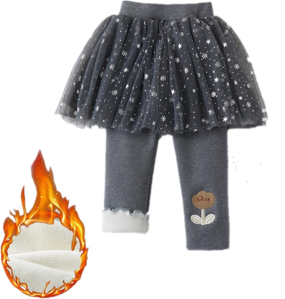 Girls Warm Fleece Lined Skirt Leggings Star & Snowflake Net Skirt Smile Embroidery Cotton Spandex Tights Pants 2-10 Years