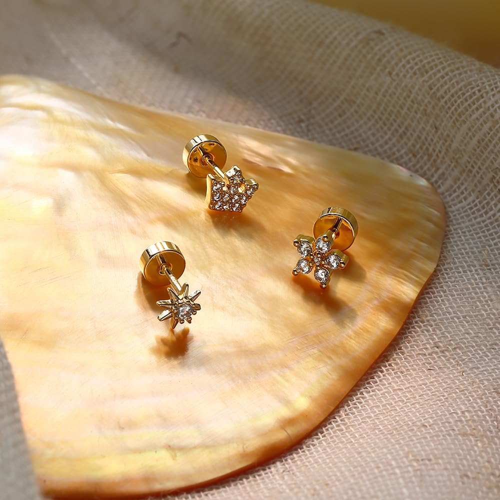 BodyBonita Ohrstecker mit flacher Rückseite für Damen – kleine hypoallergene Ohrstecker aus 925er Sterlingsilber mit 14 Karat vergoldeten kleinen Ohrsteckern mit Zirkonia für Helix-Piercing-Schmuck