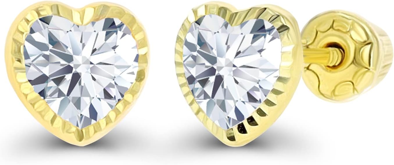 Solid 14K Gold Hypoallergenic 4mm Heart Shaped Birthstone Polished Bezel Screw Back Stud Earrings