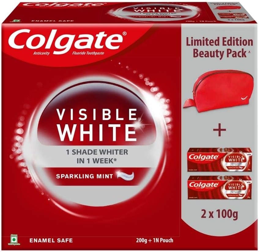 Colgate Visible Whitening White Beauty Combo (2N X 100 gram Toothpaste, Dazzling Red Beauty Pouch), Multicolour,61010325