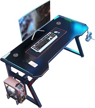 Gaming Desk Computer Desk with Led Lights, RGB Gaming Desk, Carbon Fiber Surface, Modern Ergonomic, with Cup Holder, Black Size 80x60x74cm