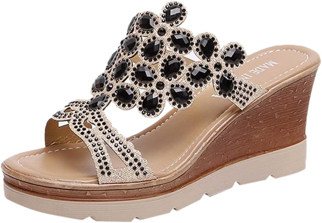  | GDJGTA Wedges Sandals Women's Summer Rhinestone Peep Toe Breathable Beach Sandals Slip-On Wedges Shoes | Platforms & Wedges