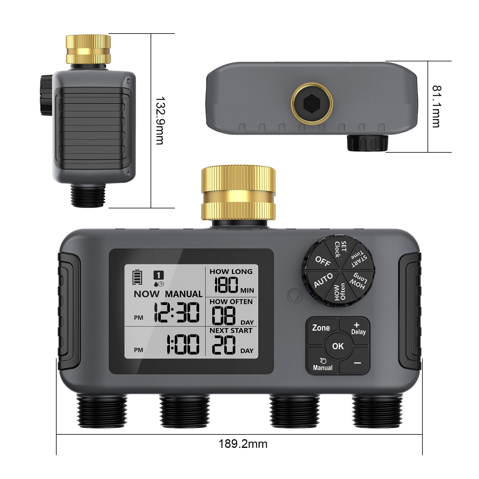 Timer per tubi da giardino a 4 zone Modalità di ritardo della pioggia manuale automatico IPX5 Regolatore di irrigazione del rubinetto in ottone resistente alle intemperie per iarde irrigazione