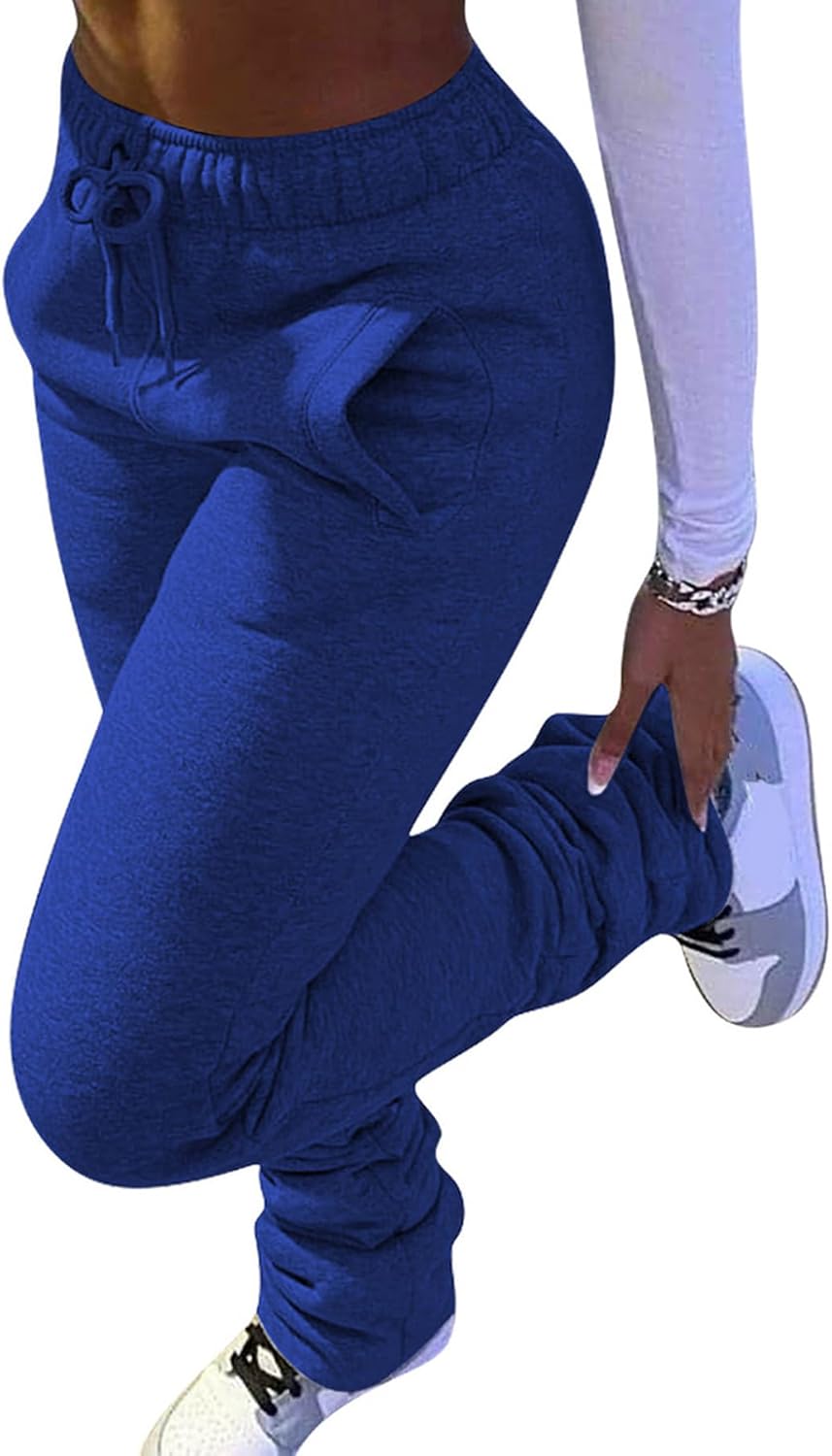 Famnbro Women Stacked Sweatpants Thick Warm Fleece Lined Pants Drawstring Waist Ruched Active Joggers