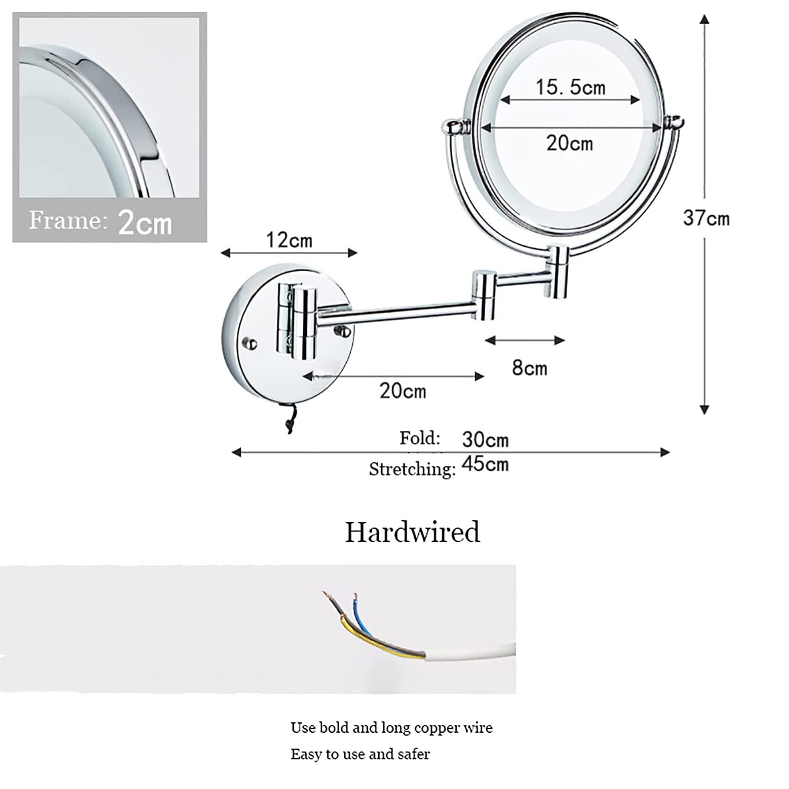 Espejo de Maquillaje de Pared con Aumento, con cableado de Doble Cara e iluminación, Extensible y Giratorio 360°, Color Oro Rosa, 10 aumentos.