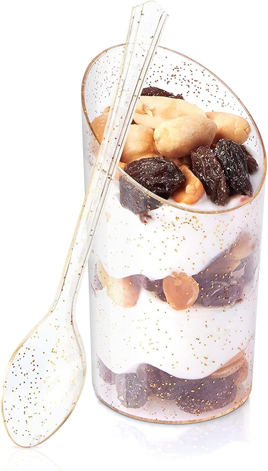  | Sparkle and Bash Gold Glitter Mini Dessert Cups with Spoons, Serves 60 (3 oz, 120 Pieces, Clear): Dessert Bowls