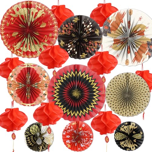 Lovarywow Japanese Hibachi Party Decorations 18PCS Japanese Style Paper Fans Lanterns Hanging Decor Asian Chinese Baby Shower Wedding Birthday Party Supplies