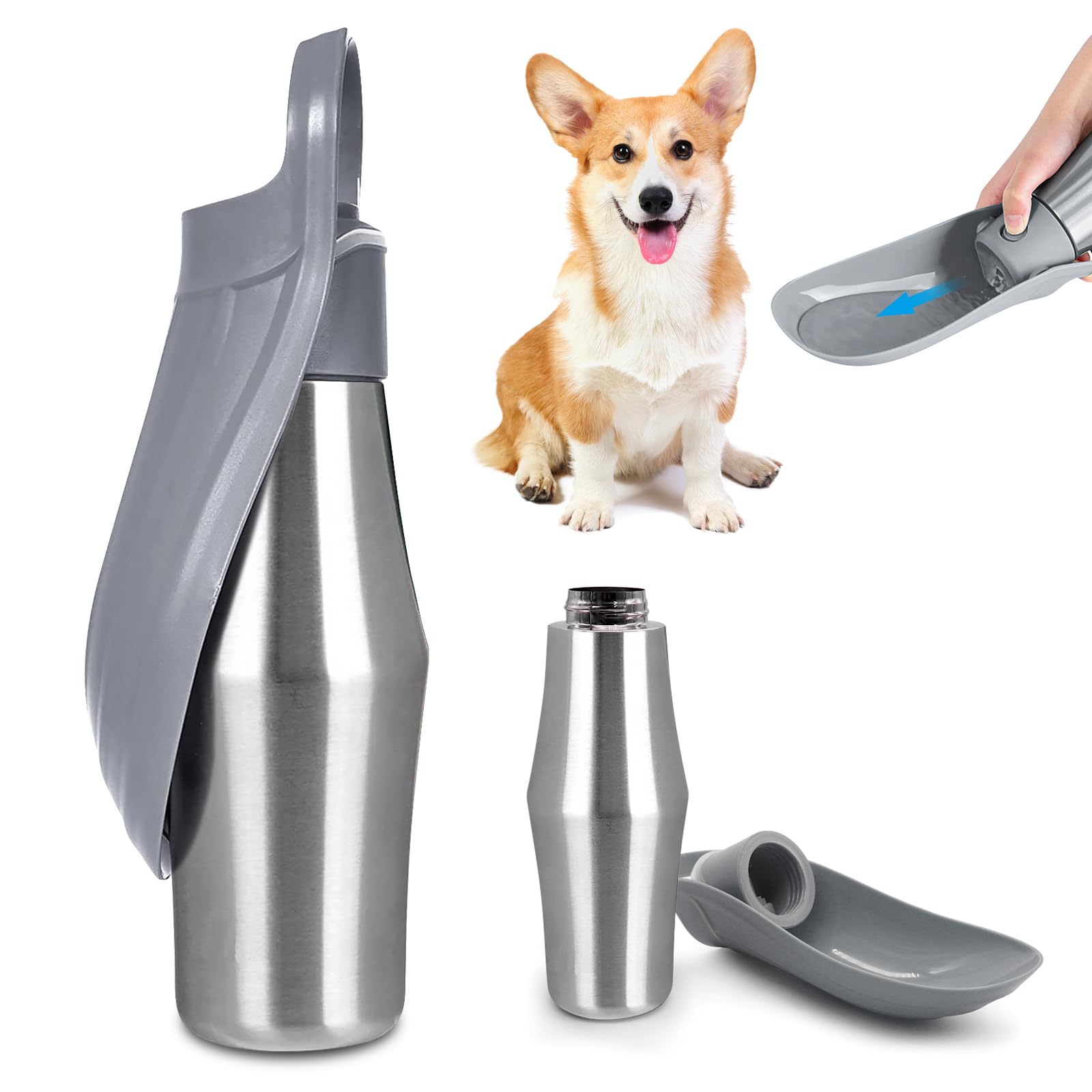 BYZESTY Gourde pour chien, 750 ml, pliable à 180°, portable, en acier inoxydable, gris, pour chien, extérieur