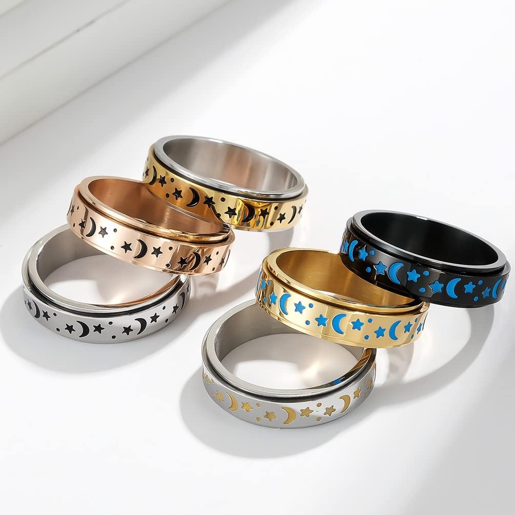 Stainless Steel Spinner Ring Luminous Glow Moon and Star Fidget Stress Relief Anxiety Rings for Women Men Size 4-12 - Image 6