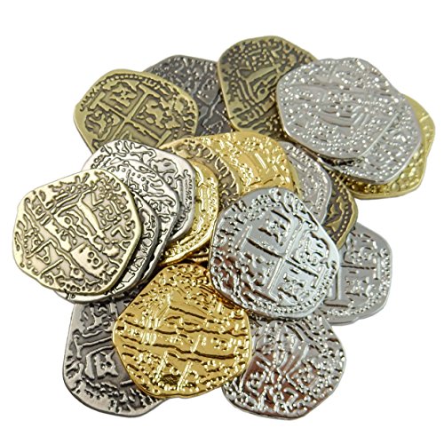 Beverly Oaks Metal Pirate Treasure Coins - 25 Medium Assorted Shiny Gold & Silver and Antique Bronze & Silver - Doubloon Replicas