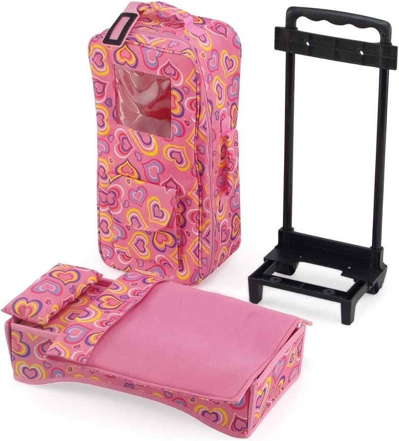 Emily Rose 14 Inch Doll Travel Carrier Backpack - Pink Hearts Design with Wheeled Trolley, Removable Bed & Bedding - Compatible with Wellie Wishers - USA Brand - Carier for Dolls 14" - 15" ONLY