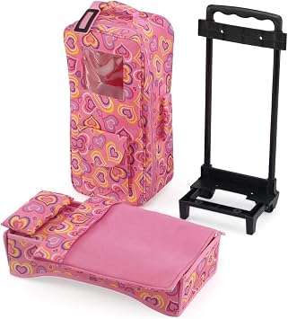 Emily Rose 14 Inch Doll Travel Carrier Backpack - Pink Hearts Design with Wheeled Trolley, Removable Bed & Bedding - Compatible with Wellie Wishers - USA Brand - Carier for Dolls 14" - 15" ONLY