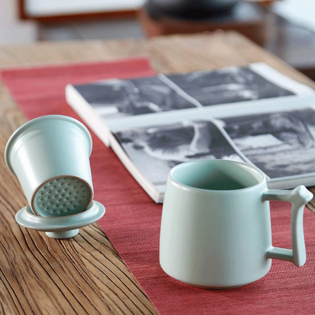 Kaffee-Becher Keramische Teebecher Kreative Kapazität Becher mit Deckel Tee- und Wassertrennung Kaffeetasse for Büro und Haus Große Kapazität und Griff (Color : Green)