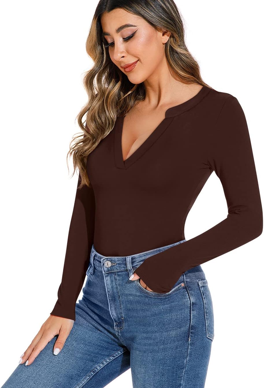 REORIA Women's Elegant Sexy Bodysuits V-Neck Long Sleeve Bodies Ribbed Fitted Thong Bodysuit Tops