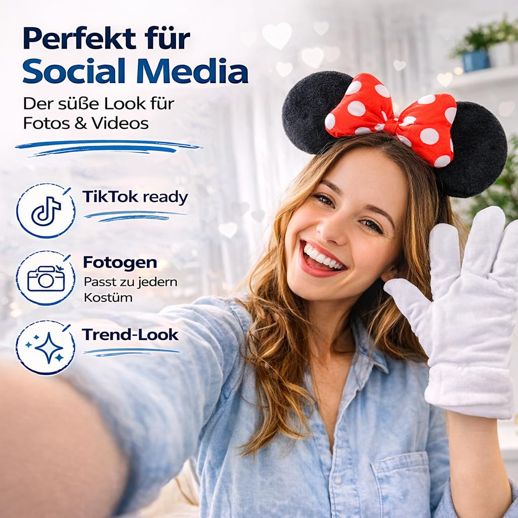 Costumed 2-częściowy zestaw z uszami myszki Minnie – kostium z rękawiczkami i uszami myszy dla kobiet na karnawał