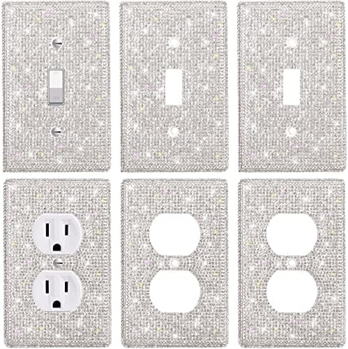 6 Pieces Rhinestone Bling Light Switch Cover Shiny Rhinestones Outlet Covers Bling Wall Plates Decorative for Home Ornaments (Single Gang Socket, Duplex Outlet)