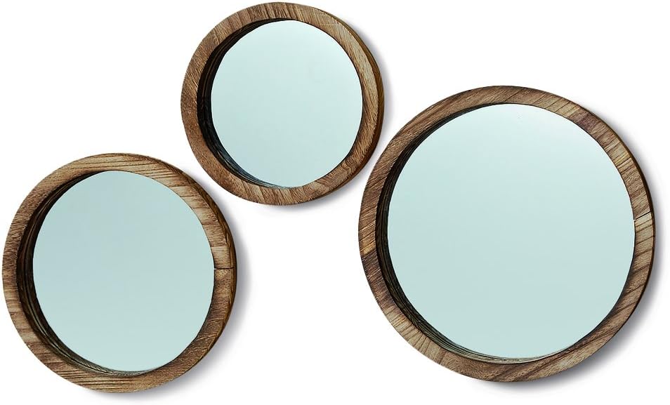 Nagina International The Rustic Boho Chic Porthole Mirror Trio Set of 3-10, 12 and 13 ¾ Inch Diameters, Glass and Sustainable Wood, by Whole House Worlds