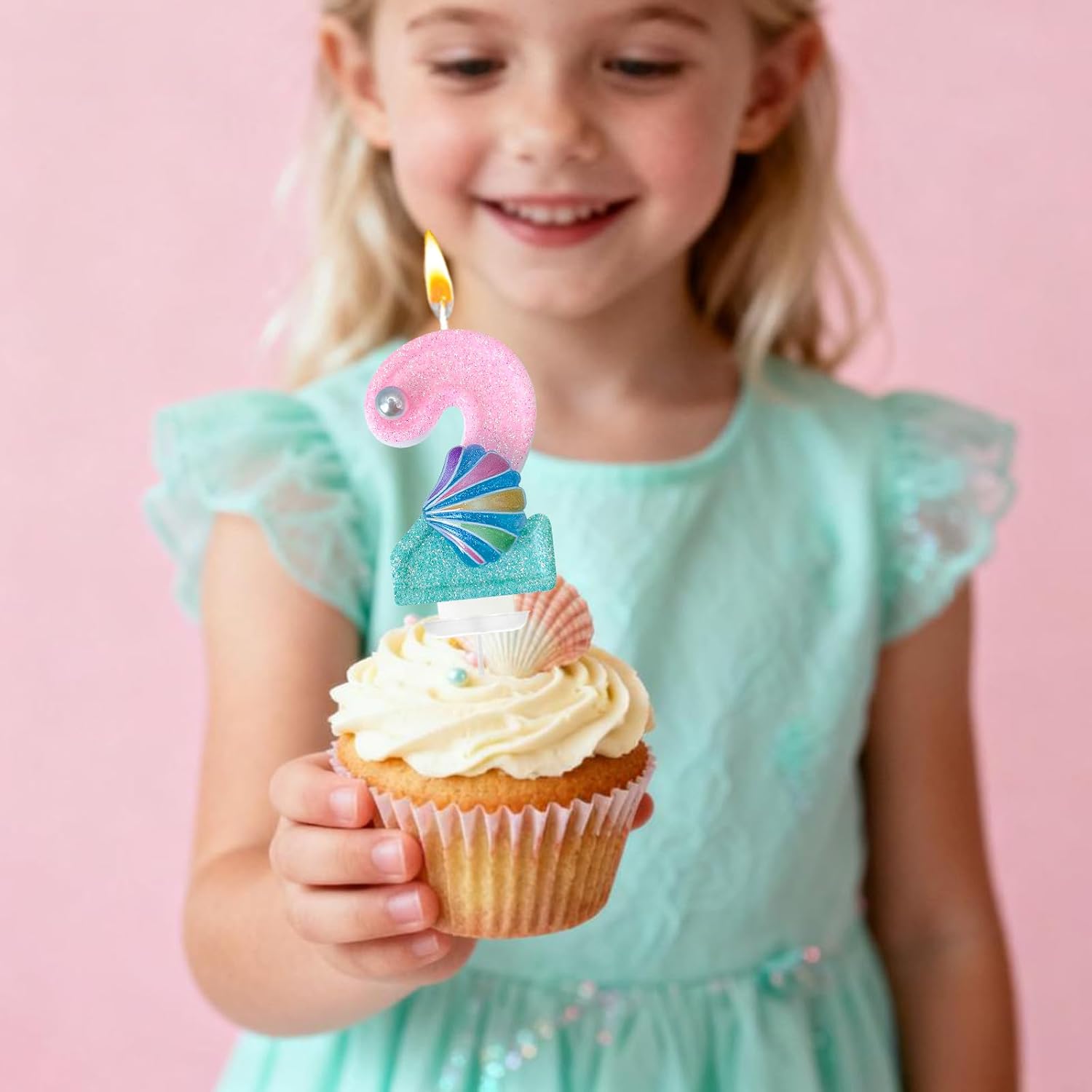 Pink and Green Birthday Candles, Conch Number Candles, 2th Candles, Decorated with Pearls and Conches, Suitable for Mermaid Theme Party Supplies (2) image 5
