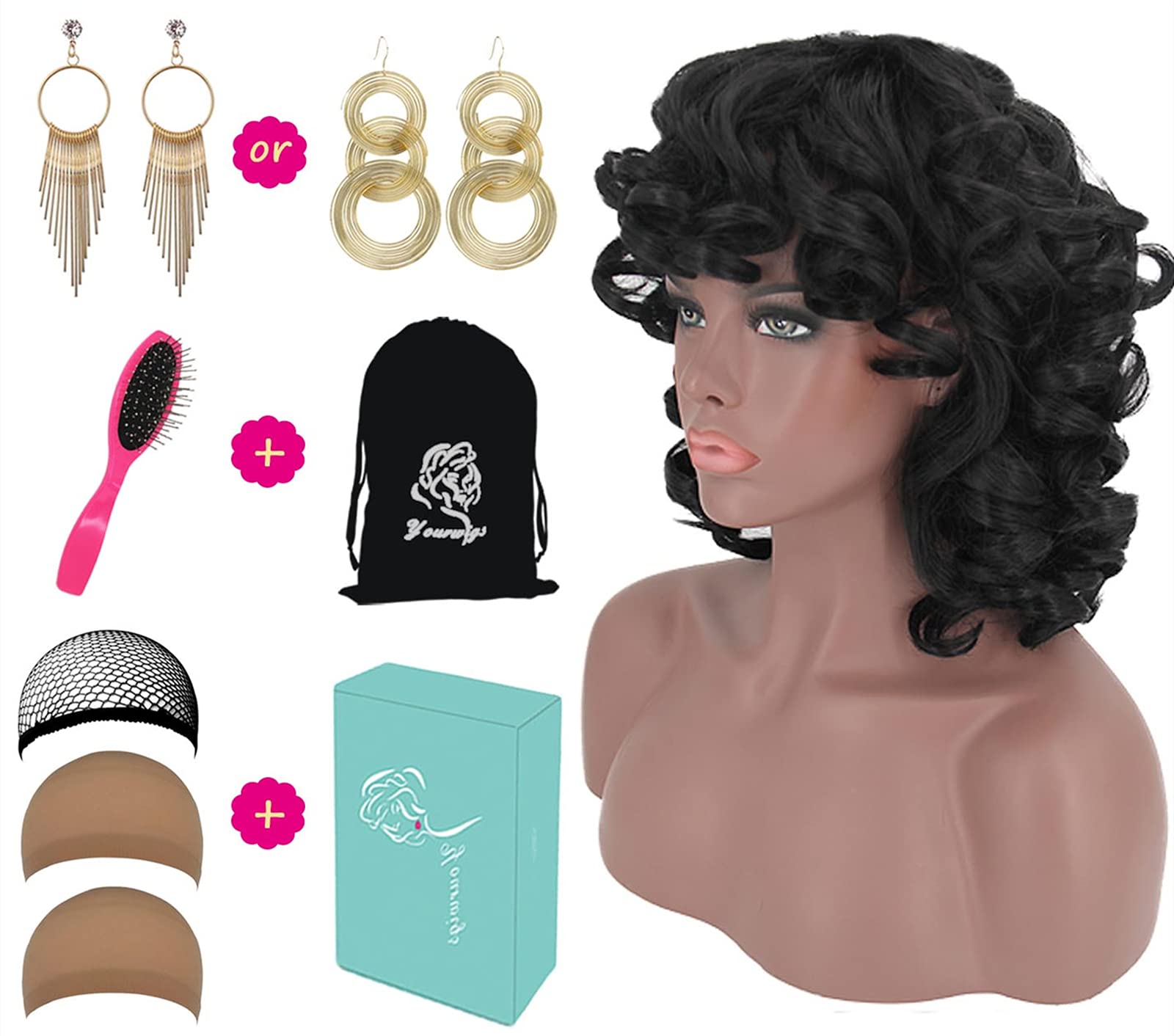 ELIM Short Curly Kinky Wigs for Black Women Fluffy Wavy Black Synthetic