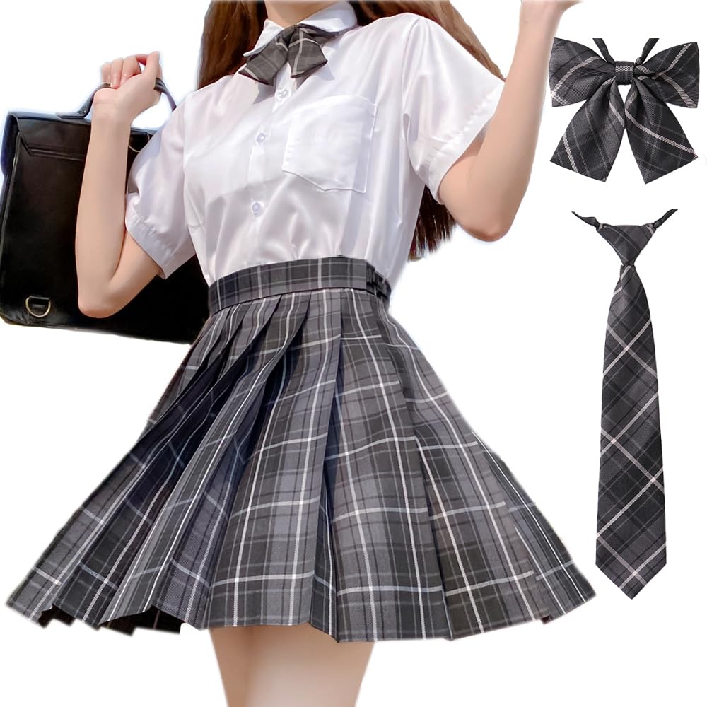 [GEAHOL] 制服 スカート コスプレ 女子高生 プリーツスカート 3点セット 蝶ネクタイ&ネクタイ コスプレ ハイウエスト 学生服 洗濯機OK 調整可能ウエスト 学園祭 文化祭 チェック柄 (JP, アルファベット, L, グレー)