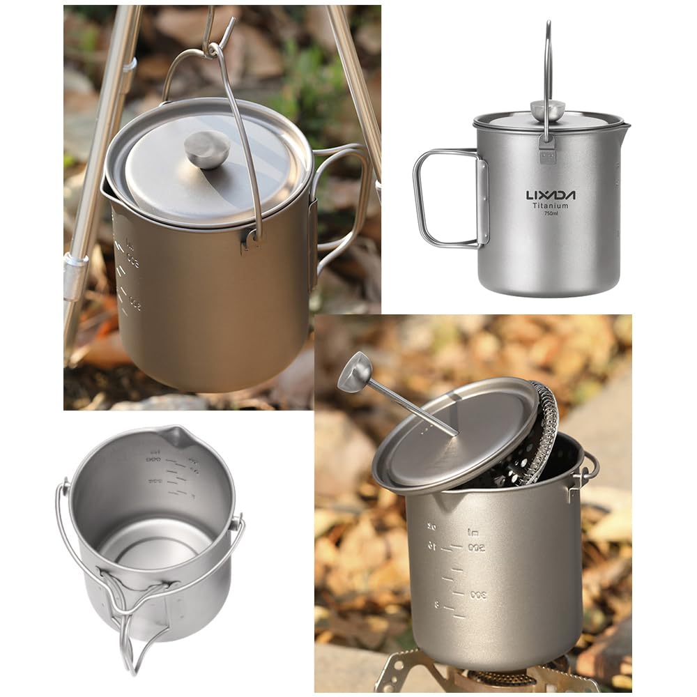 Lixada Taza de Café de Titanio de 750 ml Camping Taza de Titanio Cafetera de Prensa Francesa con Tapa Olla de Cocina para Acampar al Aire Libre