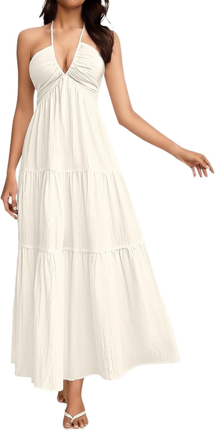 Summer Beach Dresses for Women Cross Halter V Neck Flowy Vacation Dress Tie Back Empire Waist Maxi Sundresses