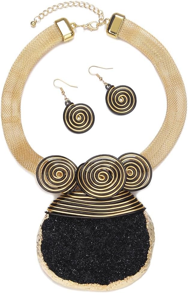 Chunky African Costume Jewelry Set for Women - Colorful Ethnic Boho Bib Collar Choker,Tribal Wire Wrapped Big Stone Large Crystal Statement Necklace and Earrings Set