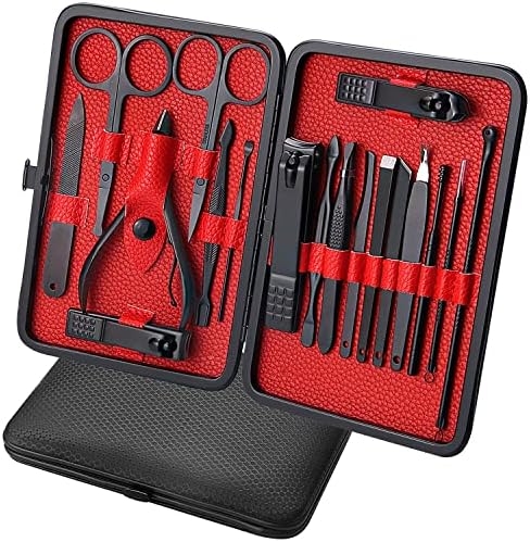 Manicure Set-Stainless Steel Nail Care Set-Professional Ingrown Toenail Clipper Grooming Tool-Pedicure Kit & Toe Nail Cutter-Thick Nail Scissors Toiletries with Cuticle Trimmer (Black&Red 18 In 1)