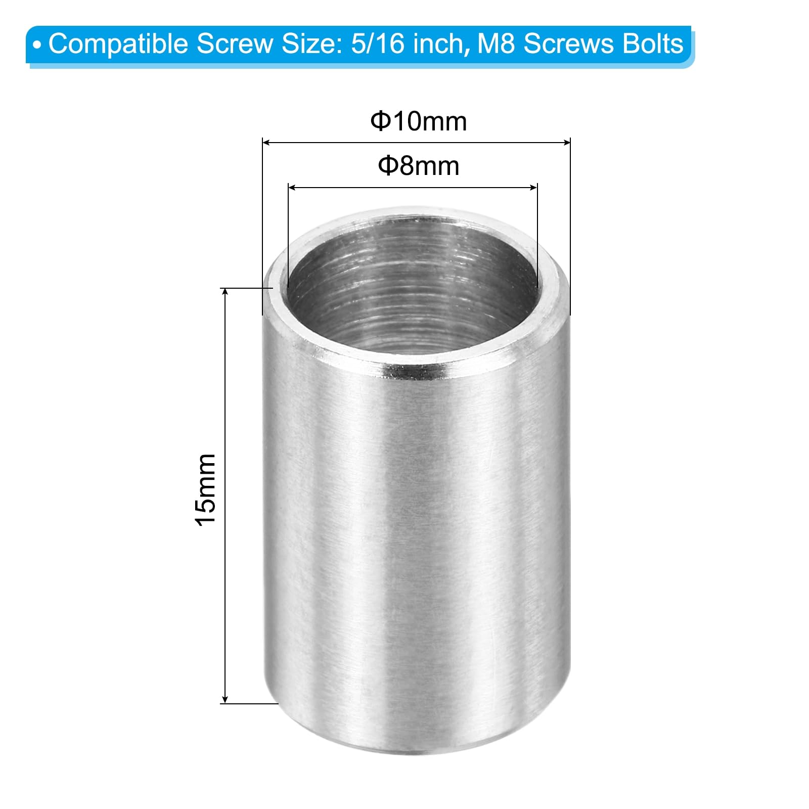 PATIKIL M8 Stainless Steel Spacers, 12Pcs Metal Spacer 8mm ID x 10mm OD x 15mm L Screw Standoff for 5/16" or M8 Screw - Image 2