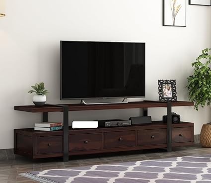 MetalTree Rustic Sheesham Wood & Metal TV Unit with 5 Drawers, 1 Shelf, and Storage for up to 70-inch TV - Perfect for Your Living Room (Salaria, Walnut Finish)
