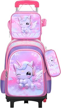 Three-piece Set Cute Rolling Backpack with Lunch Bag School Girls Boys, Lightweight Trolley Travel Bag with 6 Wheels Classic Roller Luggage Pink unicorn