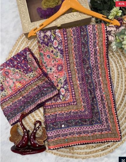 Image of Women's Chinon Silk Saree with Printed Design, Mirror Work & Zari Woven Detailing | Ethnic Wear Saree with Unstitched Blouse Piece | Traditional Festive & WeddingWear