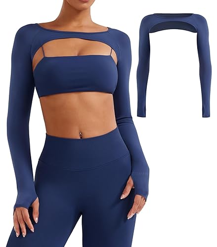 YEOREO Seamless Long Sleeve Shrug for Women Gym Crop Top Workout Cropped Sports Bolero - Navy - Medium
