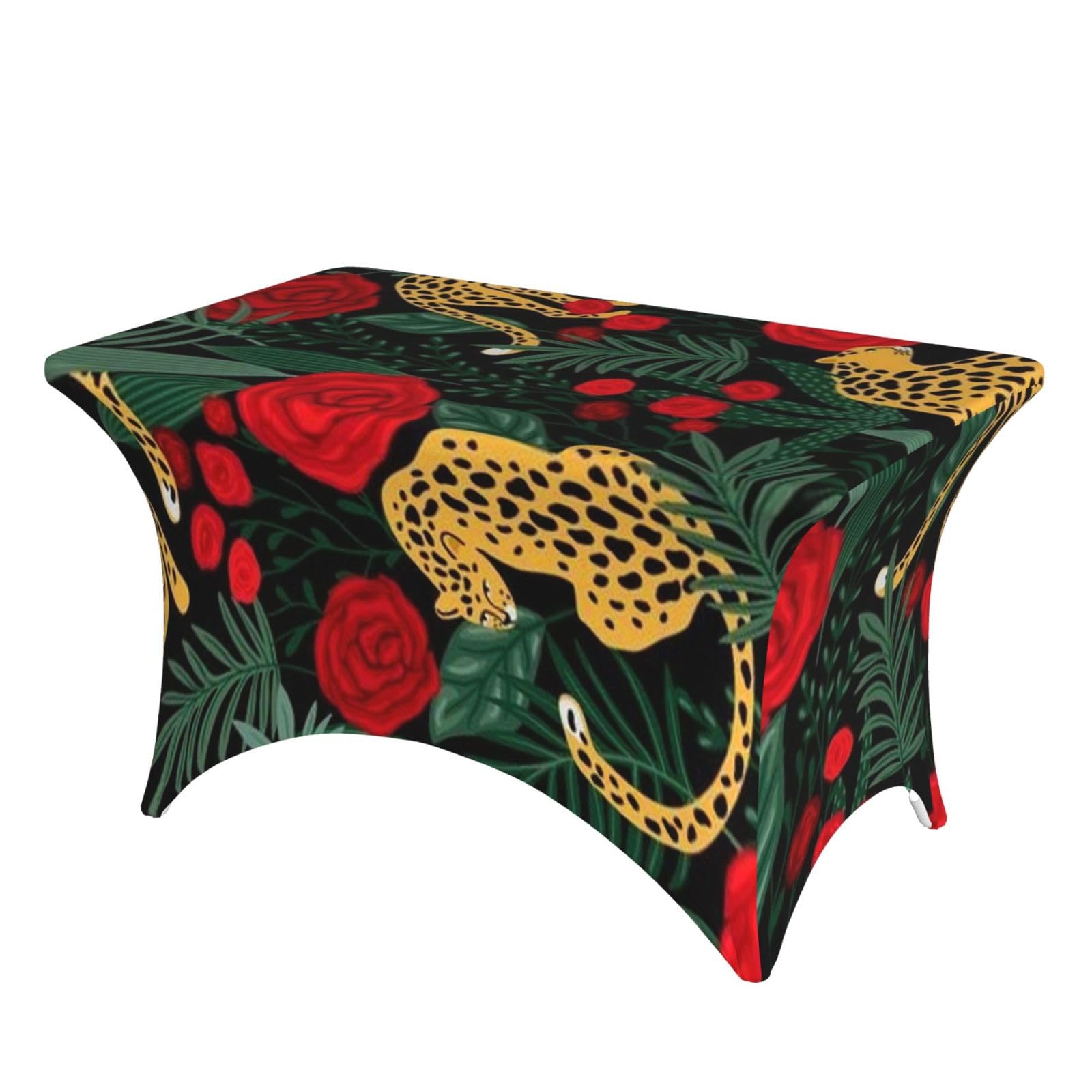 Dcehgew Wildlife Panther Smelling Red Rose 4Ft Spandex Rectangular Table Cloth, Printed Fitted Elastic Tablecloths Washable Table Cover For Event, Wedding, Banquet & Party
