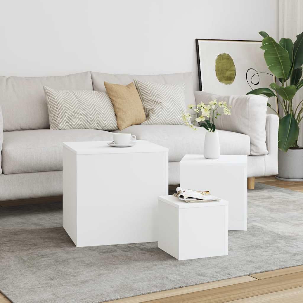 SXZenSpace 3 Piece White Nesting Side Tables Set,45 cm Engineered Wood Cube End for Living Room Bedroom Hallway,Modern Coffee Table,Sofa Bedside Occasional Furniture