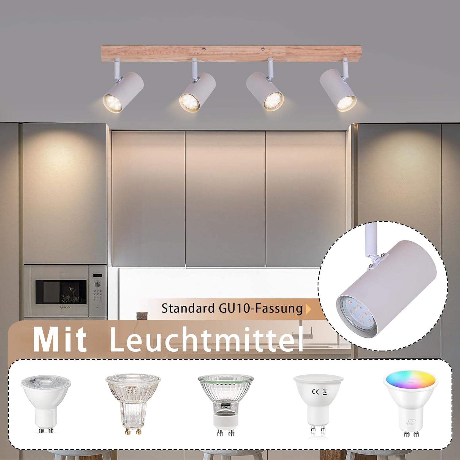 Glitzerlife Lampa Sufitowa 4 Płomień Światło Sufitowe Drewno Sufitowa | Przedpokój Biały Metal Nowoczesne Gniazdo Obrotowy Spot Sufitowy 350° Salonu Sypialnia Kuchnia z 6x 4.8 W GU10 żarówki