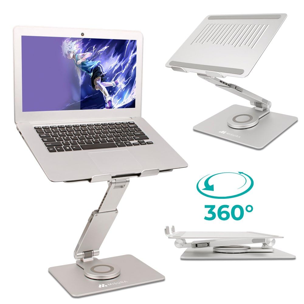 MISURA | Soporte Ergonómico para Portátiles, Enteramente Plegable, Antideslizante, Giratorio, Muy Ajustable, Ideal para Meetings | ME20-SILVER