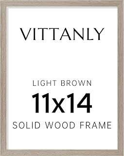 Vittanly 11x14 Picture Frame, Solid Wood Frame with Plexiglass, Includes 8x10 Mat, Wall Hanging or Tabletop for Photos, Home Decor, Light Brown, 1 Pack