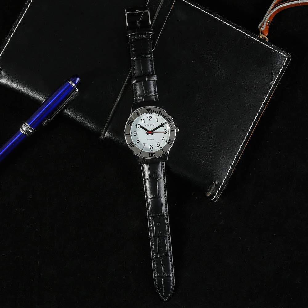 Reloj parlante analógico con alarma, anuncio de hora y fecha en francés para ciegas y personas con discapacidad visual, correa de piel negra TFBW-1601F, Clásico