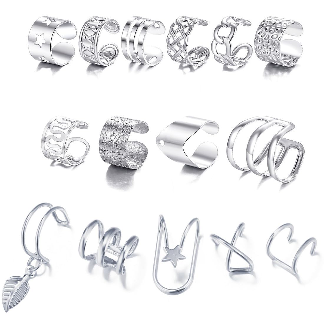 IBXWMNG 15PCS Orejeras para Mujer, Pendiente Sin Piercing, Brazalete de Plata, Clips para las Orejas, Pendientes, Orejeras y Envolturas para Mujer, Orejera Gruesa