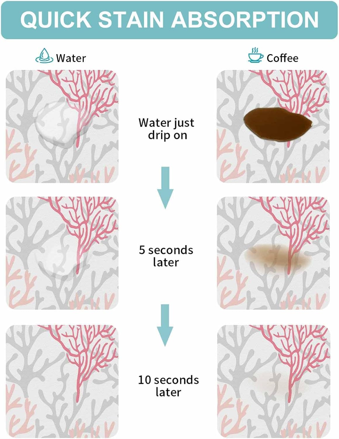 Coffee Mat Coral Ocean Dish Drying Mat for Kitchen Counter Red Pink Grey Coffee Bar Mat for Coffee Maker and Espresso Machine, Coffee Station Accessories 16x24in