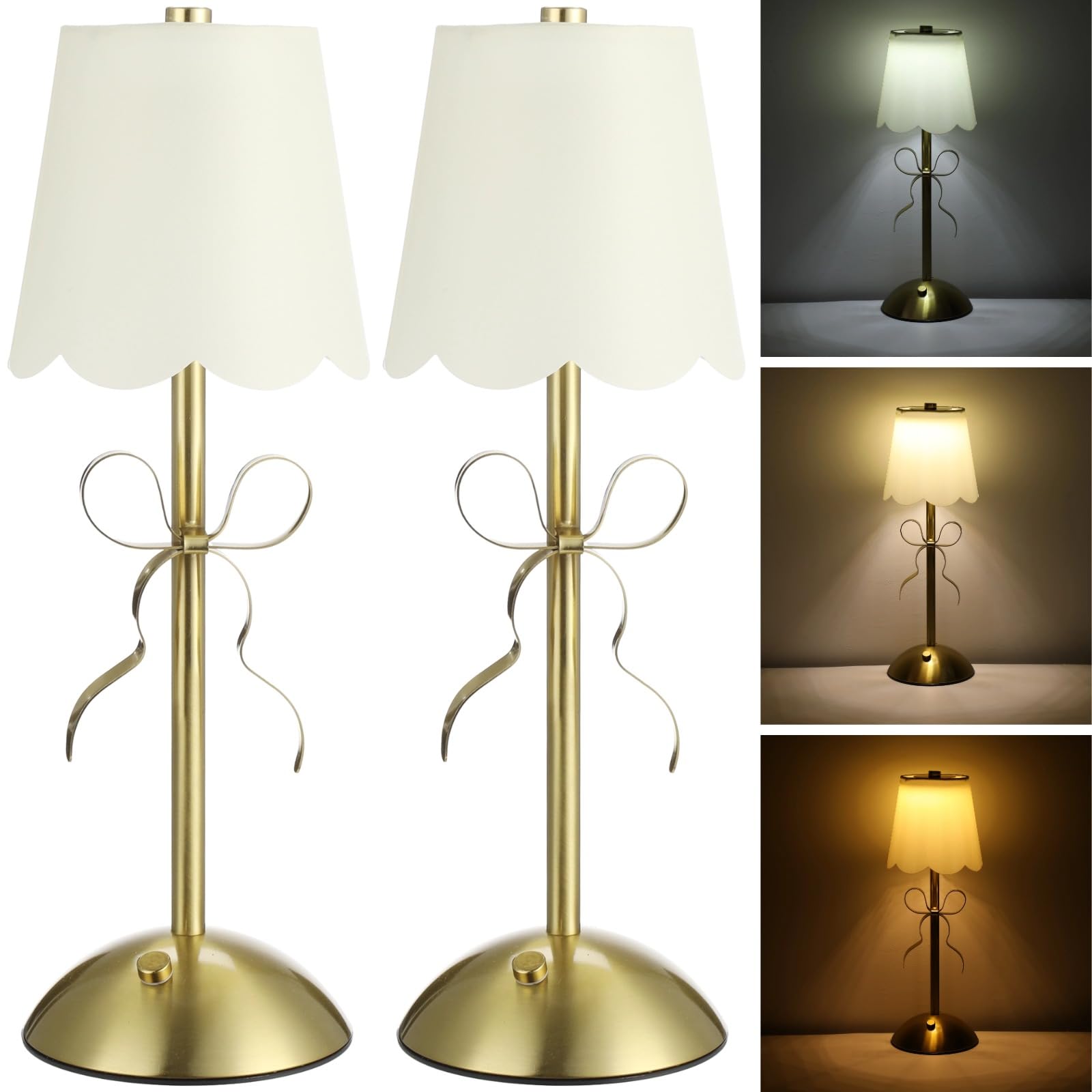 2 szt. lampki nocne z kokardą, ładowalna lampa stołowa LED ze sterowaniem dotykowym, klosz tkaniny, złoty metalowy łuk światła z 3 trybami kolorów, bezstopniowe ściemnianie do szafki nocnej w