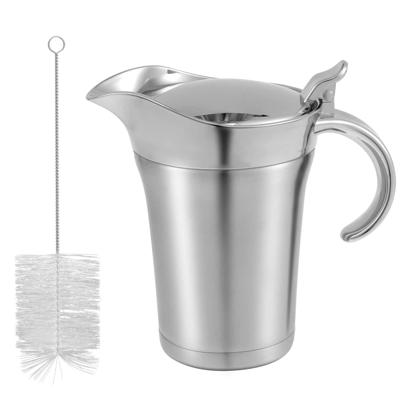 Gravy Boat with Lid,750ml Stainless Steel Insulated Gravy Jug Sauce Pitcher,Portable Double Wall Warmer Pitcher Sauce Jug for Family Dinner,Christmas,Birthday Party (Silver (750ml with Brush))