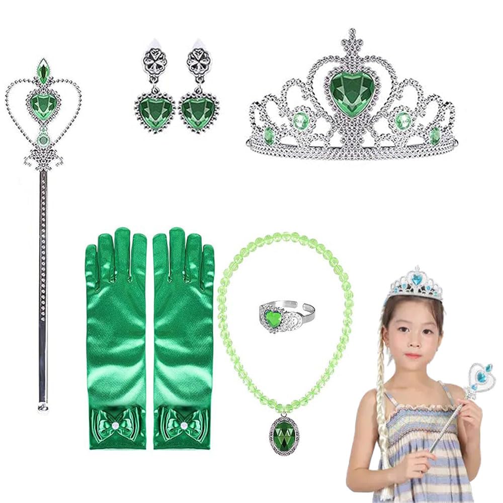 Princess Dress up Accessories, Set of 6 Accessories for Kids Girls, Gloves Tiara Crown Wand Necklaces Bracelet Rings Earrings Presents for Girls, Queen Cosplay Dress Up with Accessories