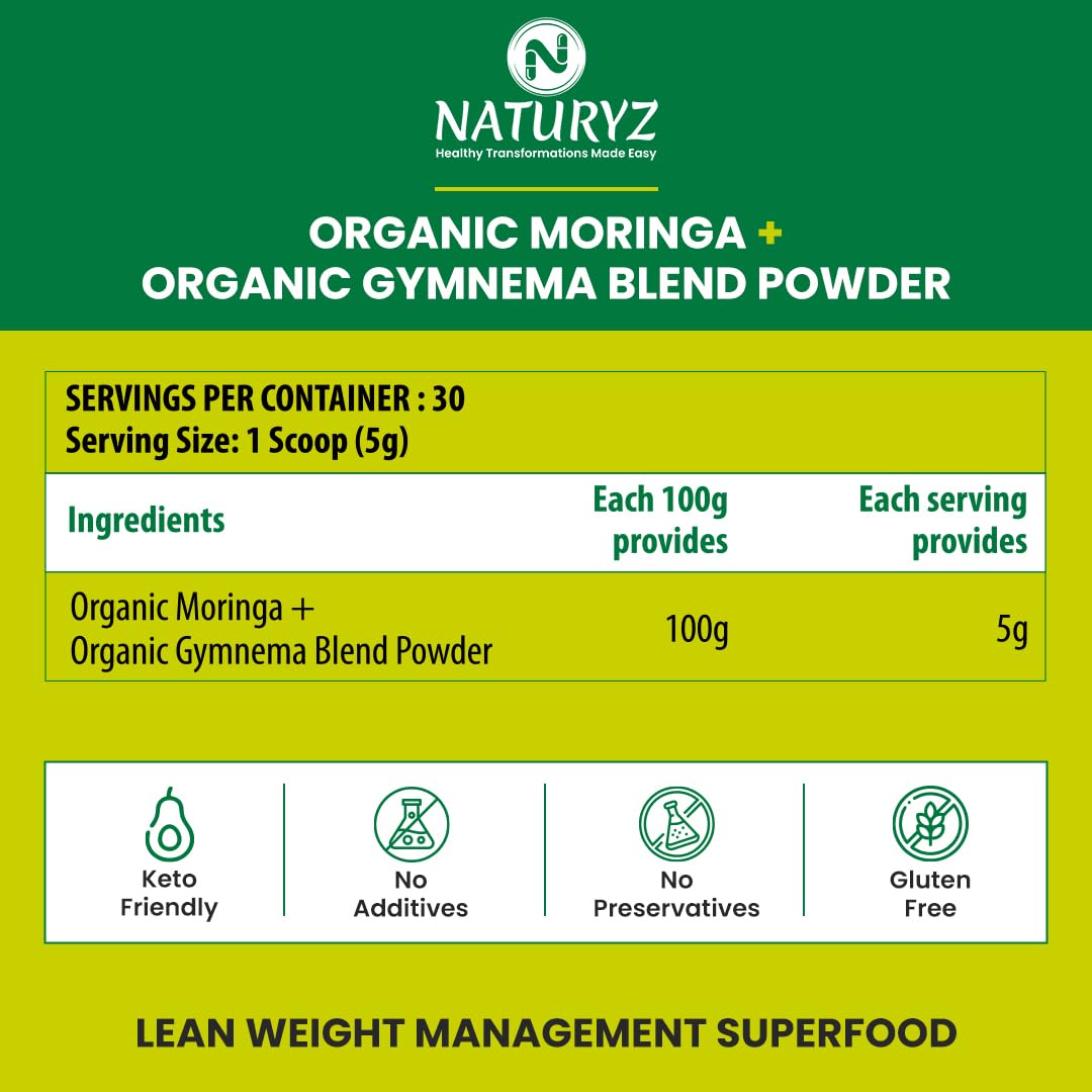Naturyz Organic Moringa +Gymnema (Goodmar) Lean Wet Management for Powder | Blood sugar supports control, reduces crawings and increases metabolism. Energy | Detox | Immunity | USDA Organic Certified | Pesticides and Chemical - Mogi - 150 grams Naturyz Organic Moringa +Gymnema (Goodmar) Lean Wet Management for Powder | Blood sugar supports control, reduces crawings and increases metabolism. Energy | Detox | Immunity | USDA Organic Certified | Pesticides and Chemical - Mogi - 150 grams