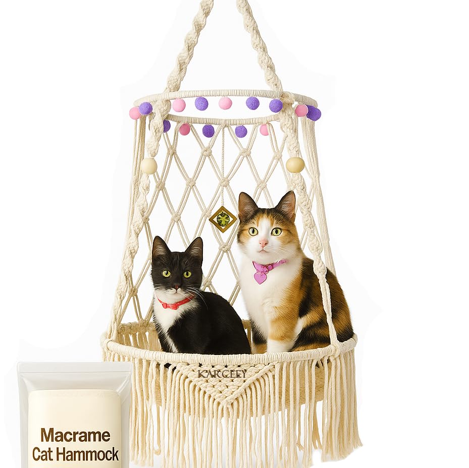 Amaca Per Gatti HOVCEH In Stile Boho Macramé, Con Bastoncino Giocattolo, Diametro 40 Cm, Per Finestra, Balcone E Giardino
